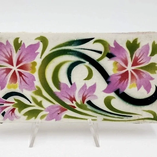 Antique French tiles Art Nouveau style stenciled & airbrushed flowers in purple and green antique rectangular tiles