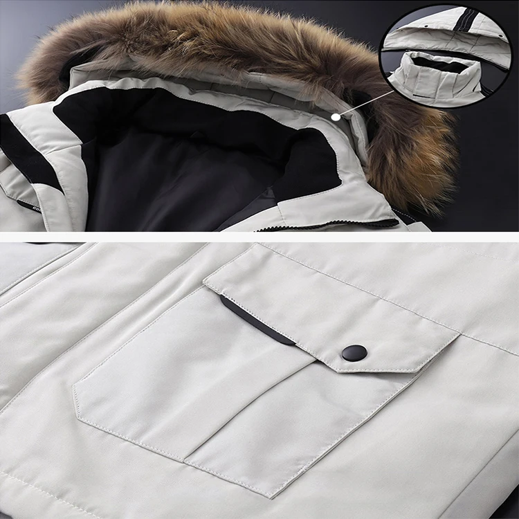 OEM Высокое качество производительность несколько накладных карманов 90% белый утиный гусиный пух зимняя меховая мужская куртка пальто парка