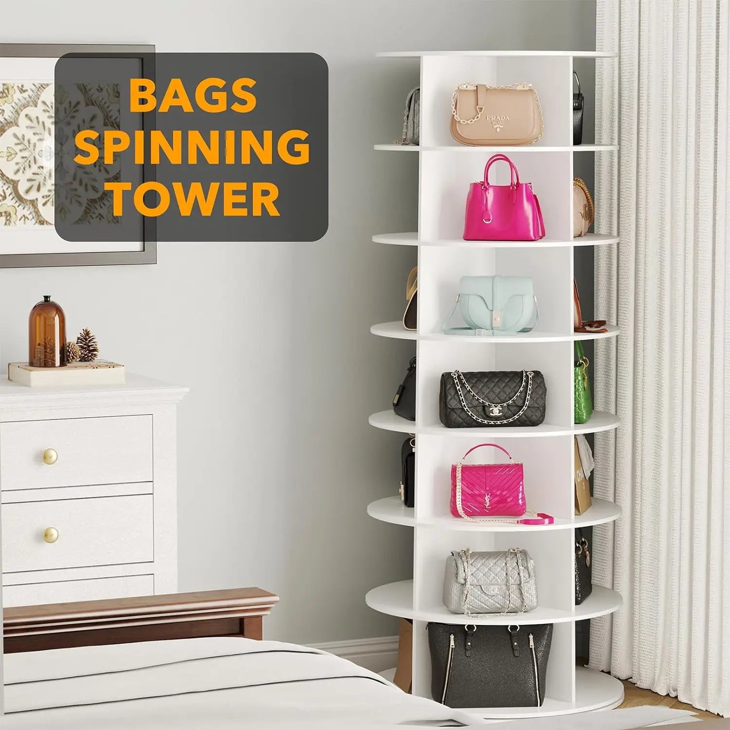 7 Tier Rotating Spinning Shoe Rack Tower, White Round Carousel Revolving 360 Storage Shoe Rack for Room