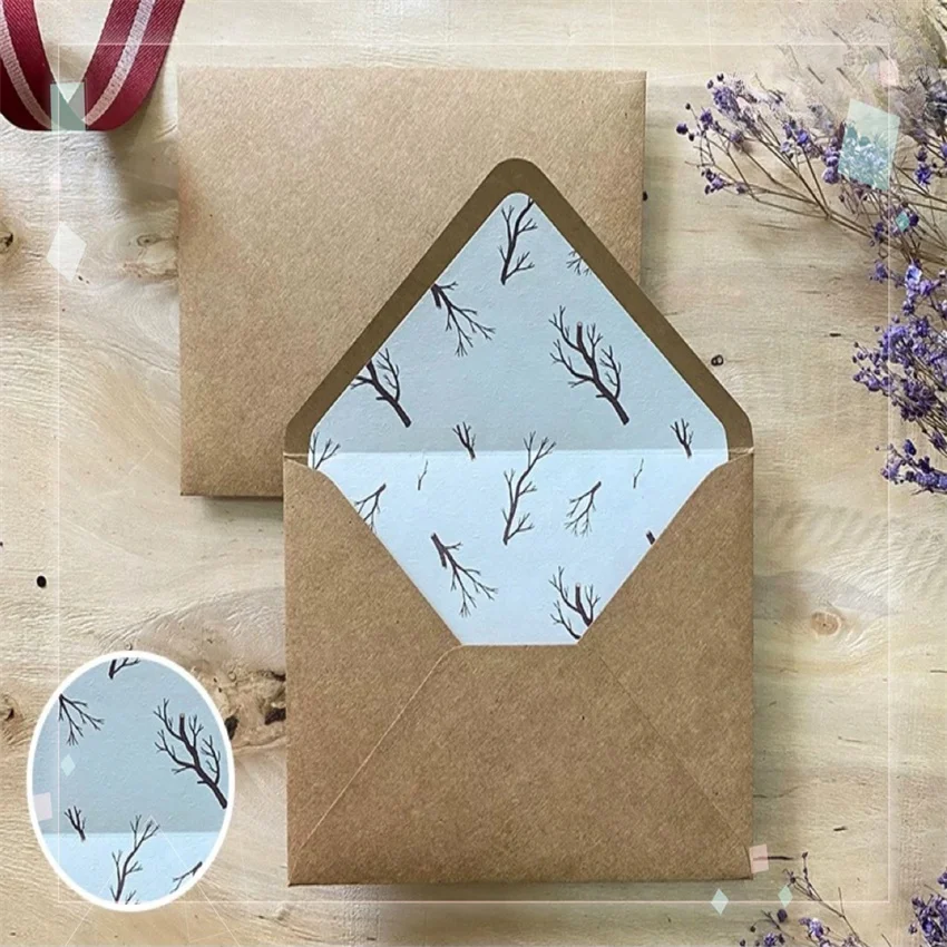 Custom Vintage Beige Small Fresh Herbal Cowhide Texture Envelope Thick Kraft Paper with Wind Sen Grass Colored Plain Liner