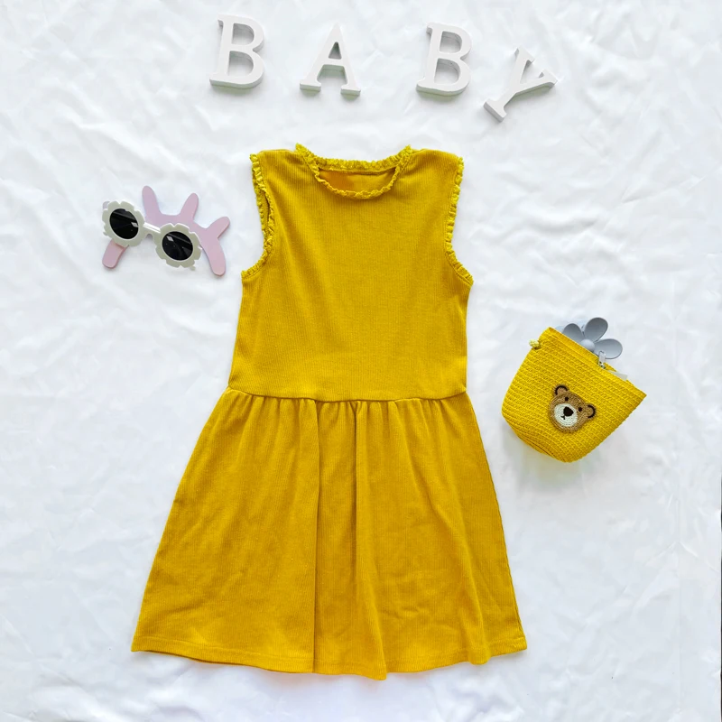 OEM Fashion Bright yellow Baby Ruffled dress Soft Infant Toddler Skirted baby girl dress