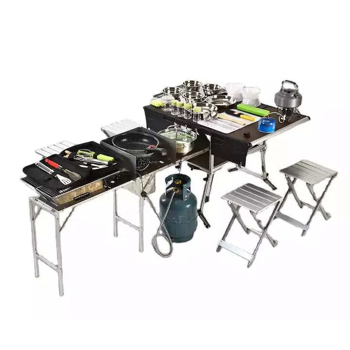 Firstents 5-8 Person Outdoor Camping Kitchen Stand Foldable Picnic Table Folding Camping Table With Cup Holder And Cookware Set