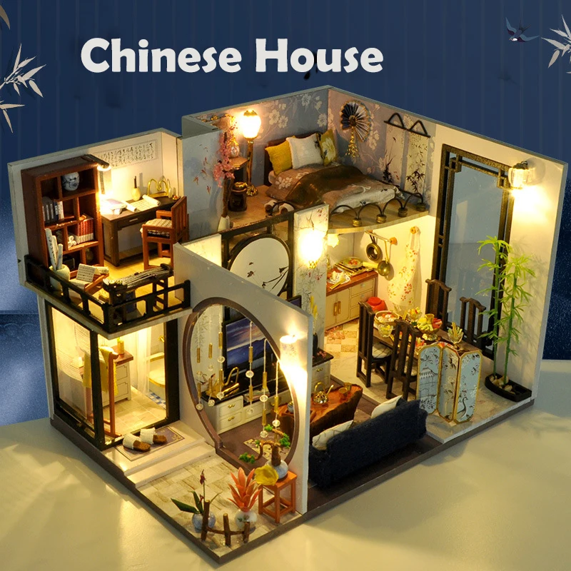 Handmade Assembly Model 3D DIY Wooden Doll House Miniature Dollhouse Creative Toy Gift for Children and Boys