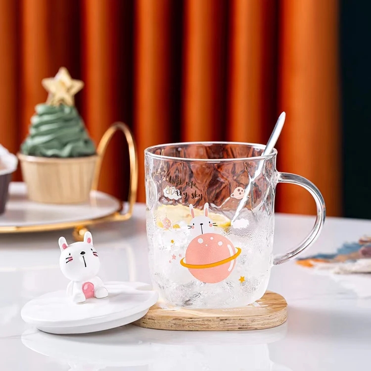 wholesale clear coffee borosilicate cute crystal glass keep cups animal mug with lid
