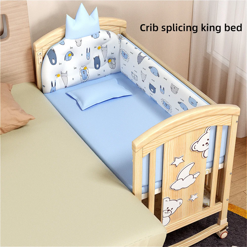 New Multifunctional Bedside Cot Bed Solid Wood Wheels Cribs For 0-6 Years Old