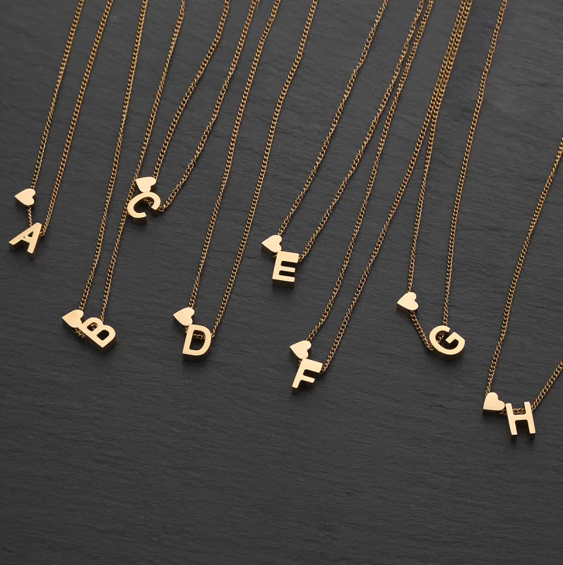 Exquisite Simple Stainless Steel Women Custom Chain Necklace Alphabet Letter Heart Pendant Necklace