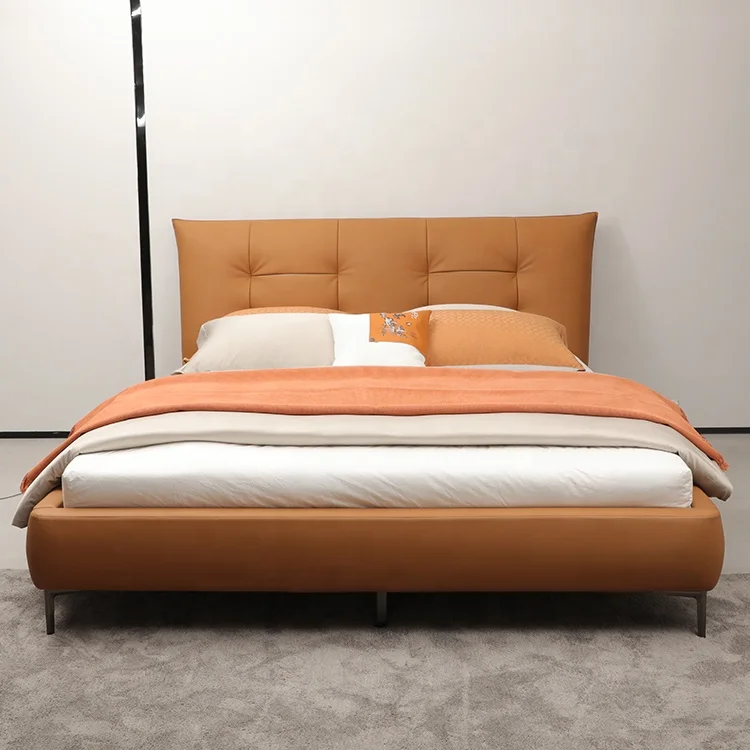 Modern Furniture Imported Lychee Grain Cow hide Genuine Leather London Luxury Upholstery Full King Bed