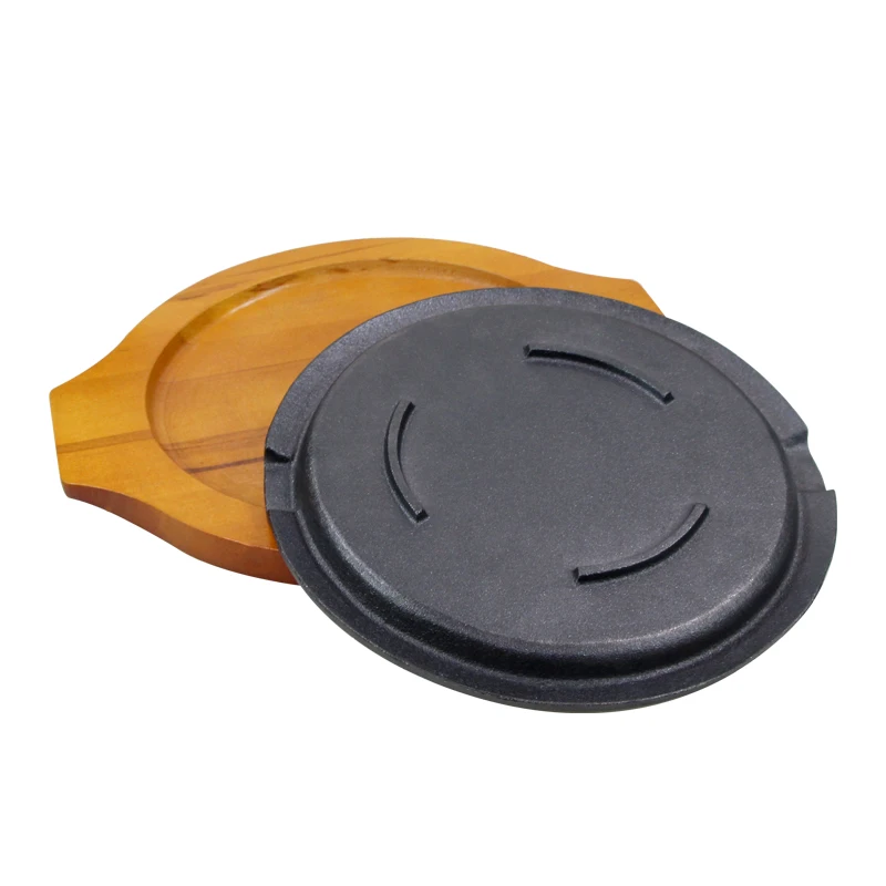 Preseasoned diameter 19.5cm round cast iron sizzling pan functional frying skillet pan sizzler cooking plate with wookden base