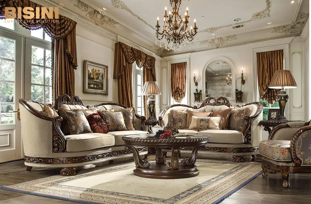 American Style Wooden Carving Living Room Sectional Sofa Set And Coffee table