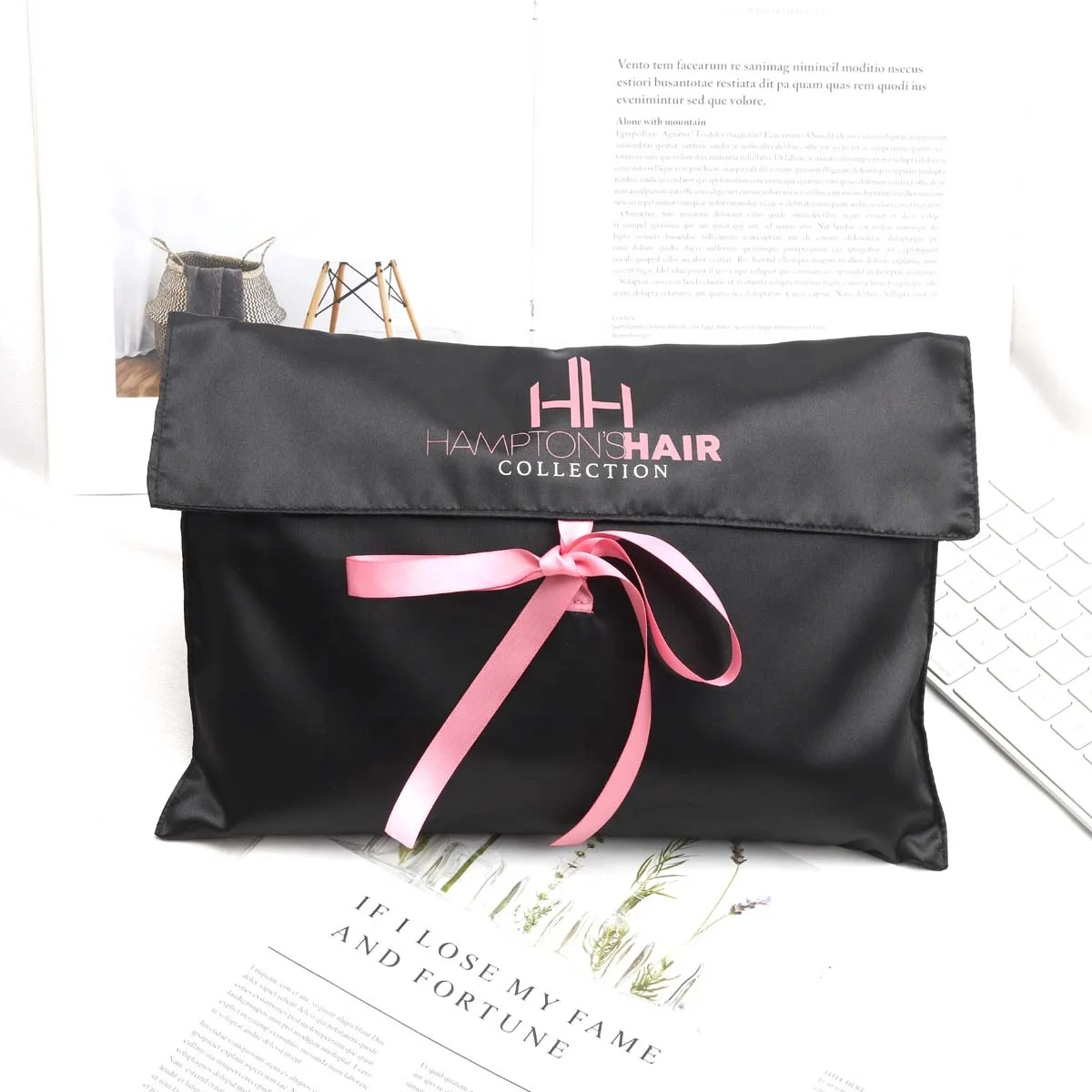 Custom Logo Printed Black Satin Envelope Hair Bundle Wig Bag With Tie Hair Extension Clothes Packing Dust Slik Pouch Bags