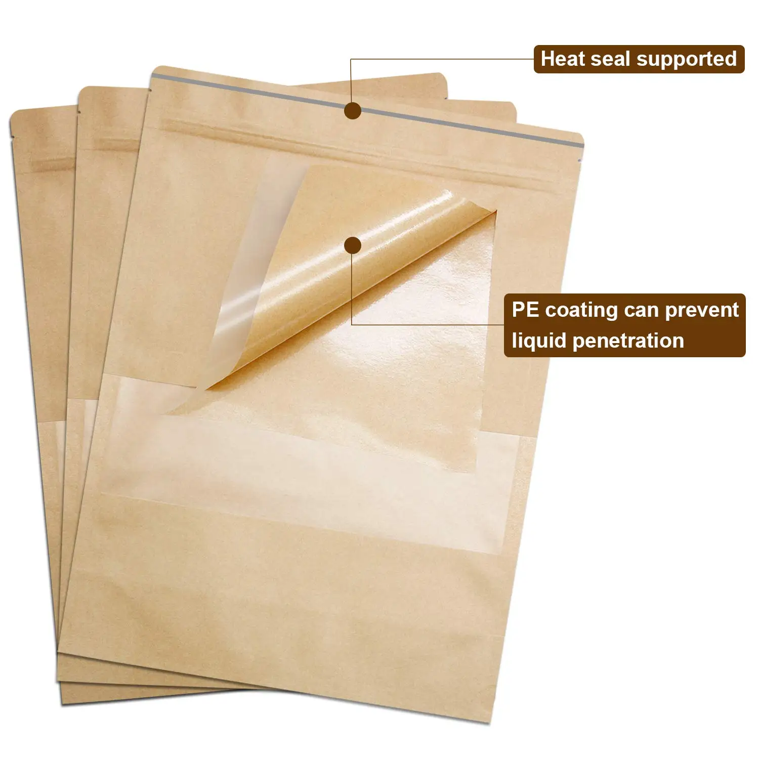 Custom Printed Food Grade Zip Lock Craft Tea Snack Packaging Brown Kraft Paper Bags With Your Own Logo Windows