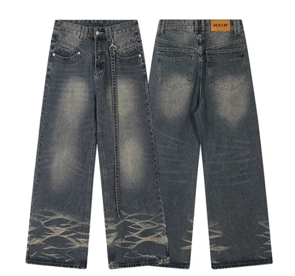 Wash Polish White Wide-Leg Baggy Jeans Workwear Tapered Jeans Trousers For Men Blue Jeans For Men