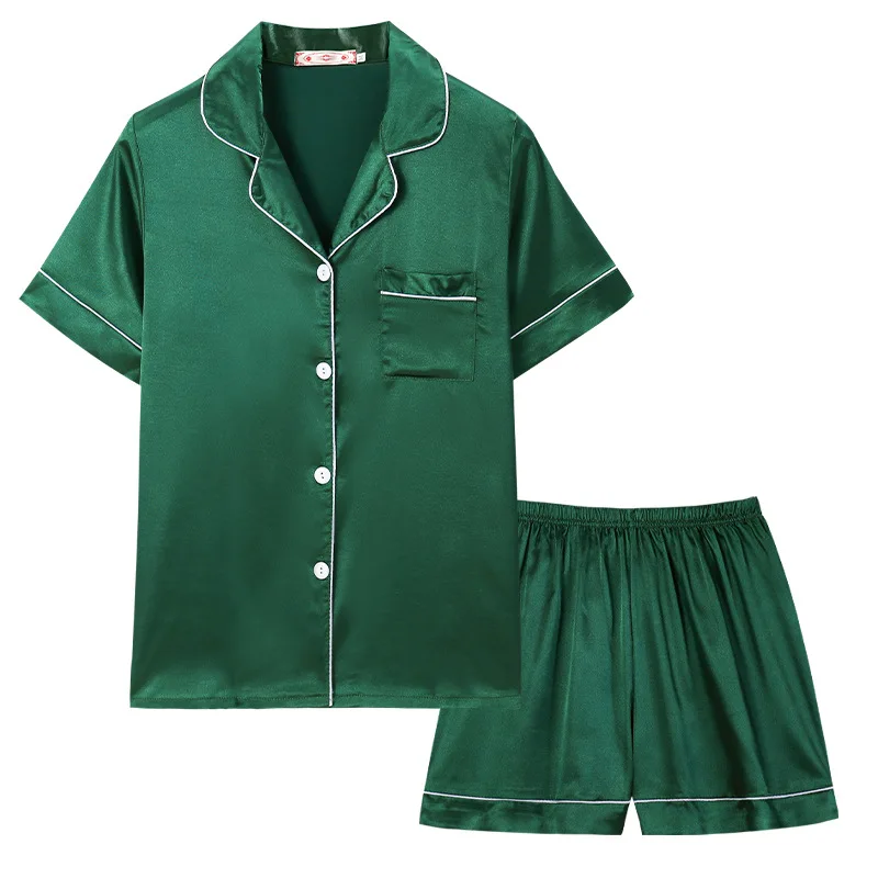 Fashion Summer Fat Girls Plus Sizes Loose Silk Fabric Contrast Binding Satin Two Piece Pajama Sets for Women