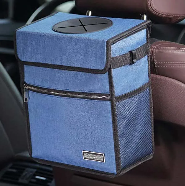 
Car Trash Can with Lid Waterproof Auto Garbage Bag Hanging for Headrest Leak-Proof Car Garbage Can with Storage Pockets 