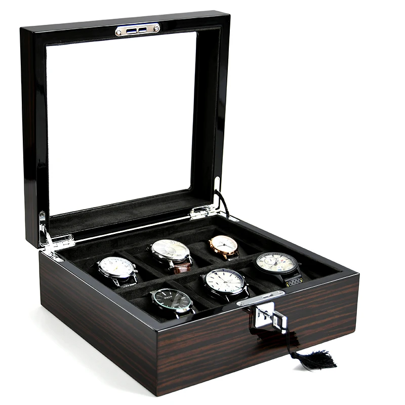 High End Watch Packaging Organizer Box 3 5 6 10 15 Mens Black Piano Lacquer Wood Velvet Watch Boxes