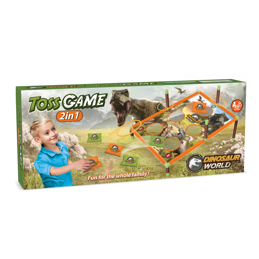 Kids 2 in 1 outdoor sports toss toy dinosaur target earth sand bags and rings throwing game set