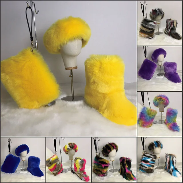 Fur Faux Women Matching Handbag conjunto de botas Fur Winter Woman And Purse Ankle Multicolor Furry Little Girl Mommy Boots Sets