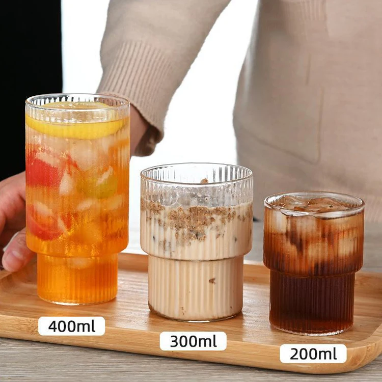 Hot Sale Wholesale Vertical Stripes Glass Tea Cups Custom Ribbed Coffee Cup Wine Glass