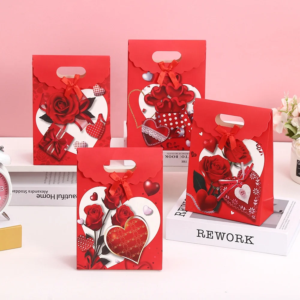 Rose Flower Heart Paper Handle Candy Favor Gift Bags Gift Bag for Valentines Day Business Party Decoration Packaging