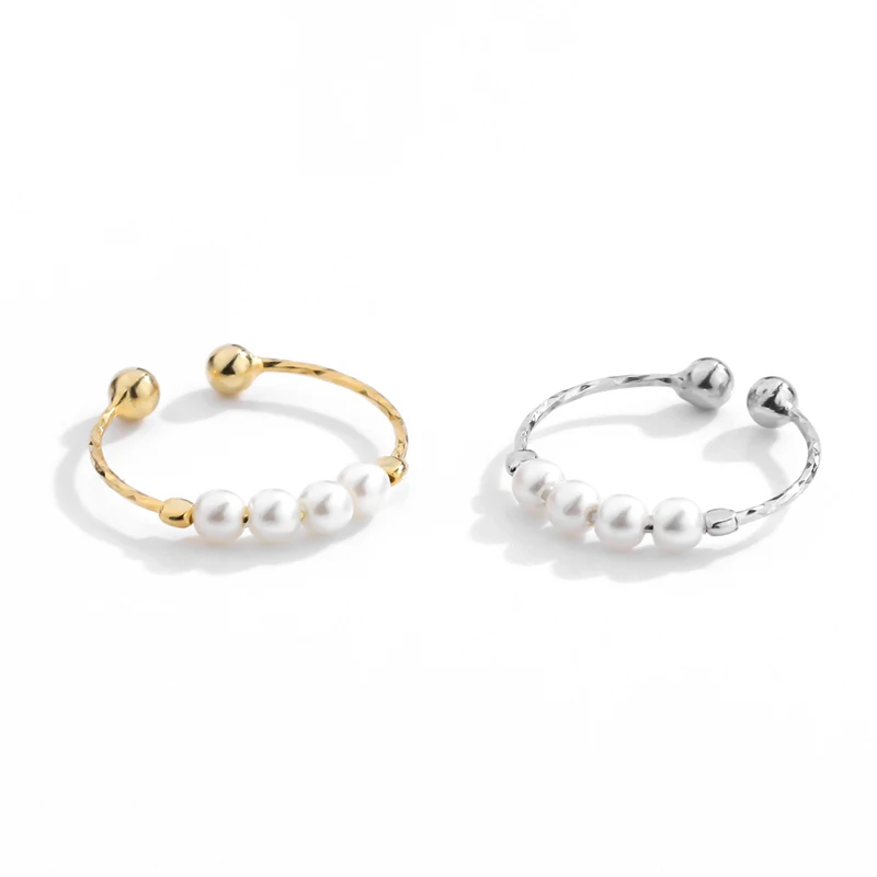 Hot Sale 925 Sterling Silver 18K Gold Plated Korea Style Jewelry Pearl Bead Open Adjustable Rings for Women