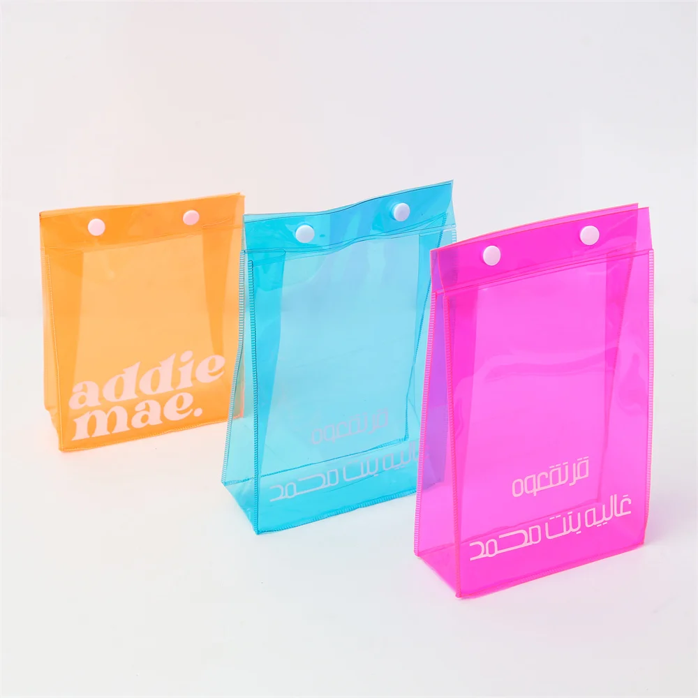 2024 New Trend Transparent PVC Clear Bag Cute Colorful Neon Pink Travel Wash Cosmetic Makeup Pouch with Button and Handle
