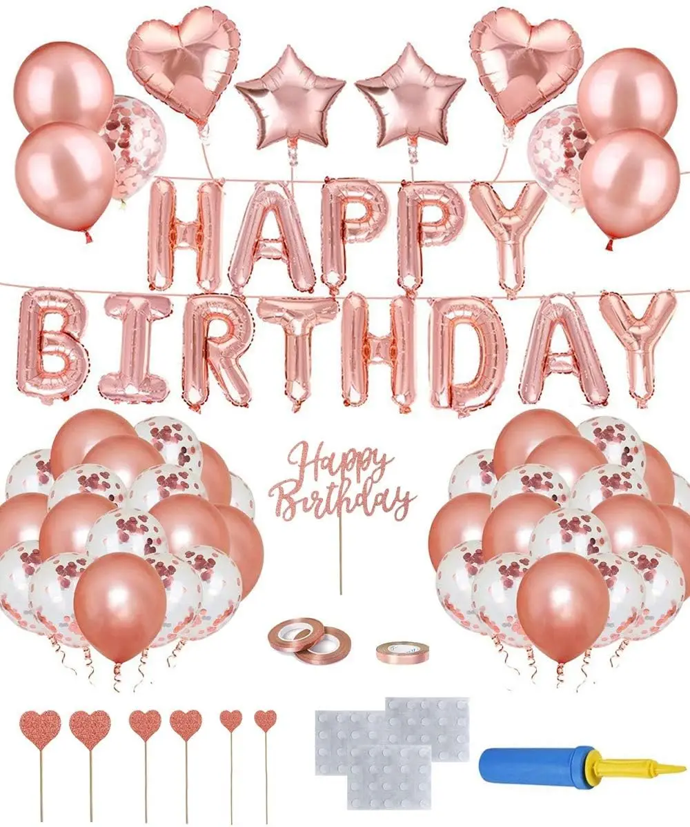rose gold Birthday Party Decorations Set Happy Birthday Banner Balloon Cupcake Toppers Birthday Party decor set