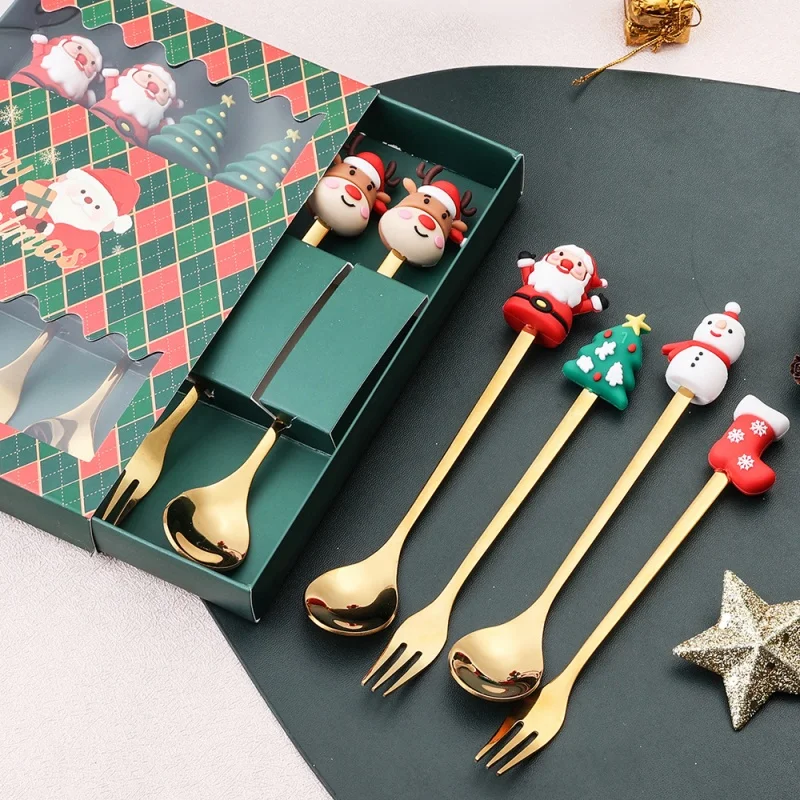 2024 Hot Sale Christmas Elements Dessert Beverage Spoon and Fork Cutlery Set Christmas Stainless Steel Flatware Cutlery Set