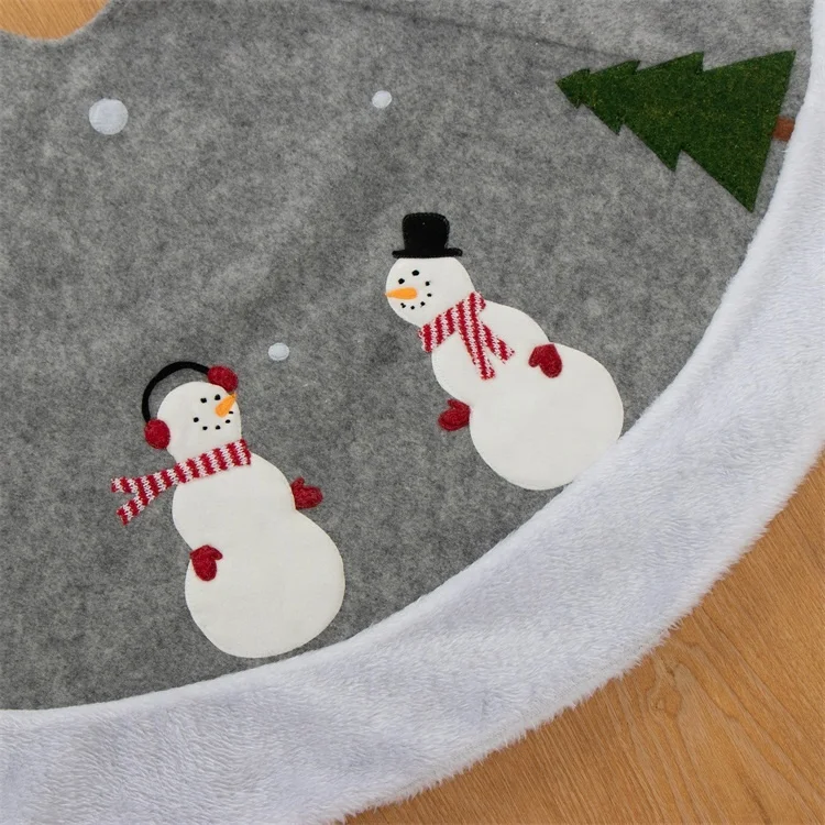 48 дюймов серая вышивка Снежная Черная шапка и наушники Снеговик Рождественская елка юбка с каймой из искусственного меха