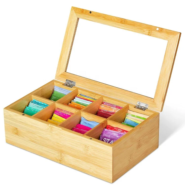Customized Cheap Big Natural Bamboo Tea Storage Organizer with Clear Acrylic Top Window