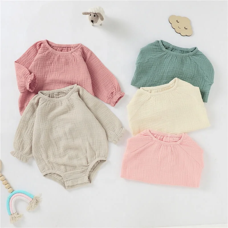 
Spring Double Gauze Long Sleeves Muslin Bodysuit 100% Organic Cotton Baby Romper 
