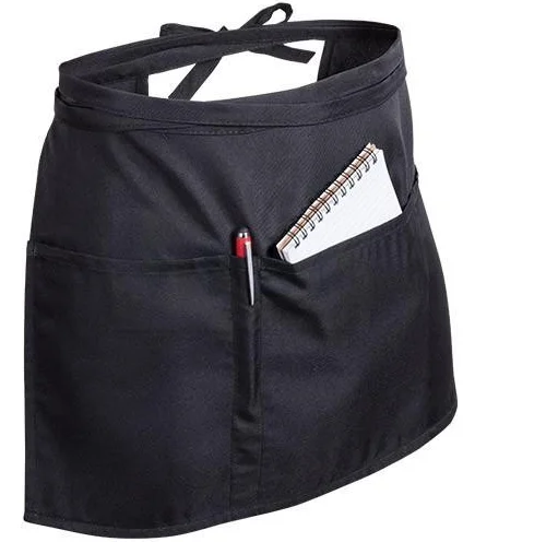 Cheap promotion aprons with 2 x 85 cm waist straps, bar apron with pocket in the front to holds pen or menu