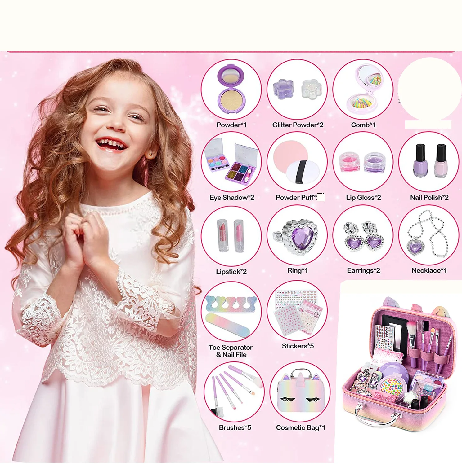 Washable Makeup Toy for Toddler No Toxic Play Cosmetic for Child Kids Makeup Kit for Girl Real Make Up Set