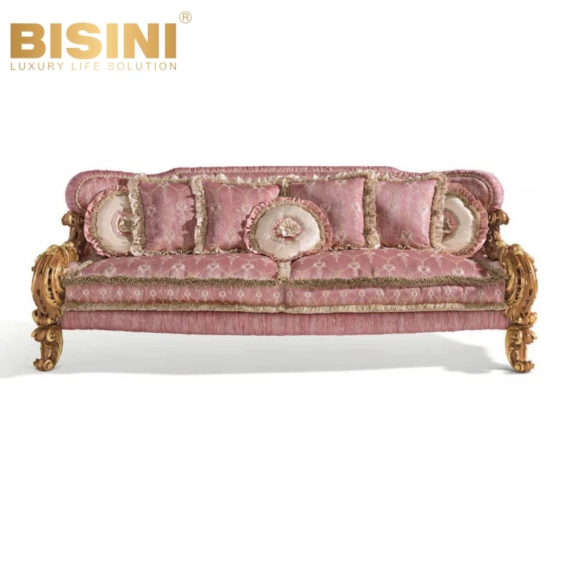 Graceful French Baroque Style Royal Palace Home Wooden Carved Pink Sofa Sitting Room Rosy Three Seater Sofa Set
