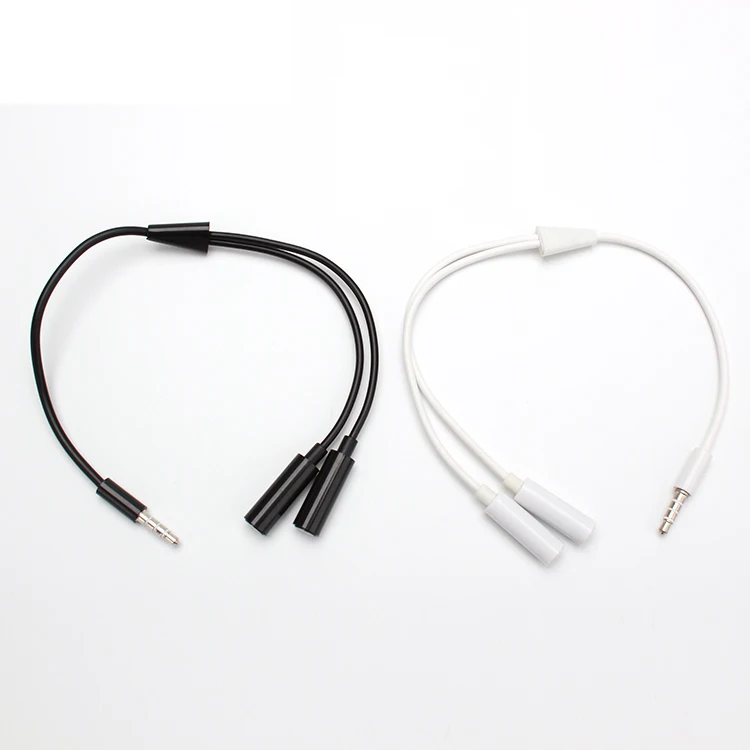 Aux cables 4 pole 3.5mm plug male to 2 3.5mm female mobile phone earphone 1 to 2 adapter audio converter cable manufacturer