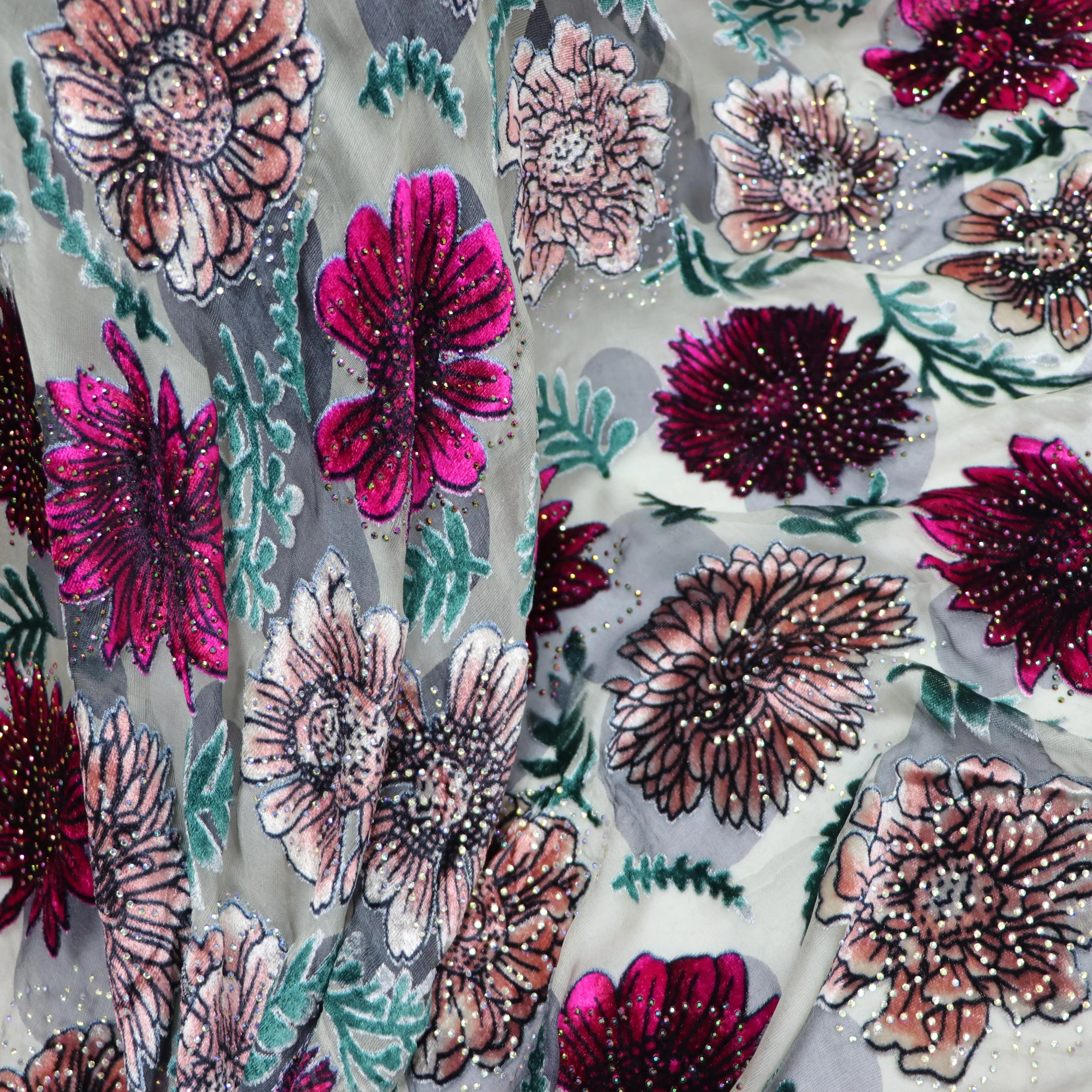 Soft Shiny  New Coming High Quality Diamond  Silk  Velvet Patch embroidery lace fabric for Luxury Lady Evening Clothes