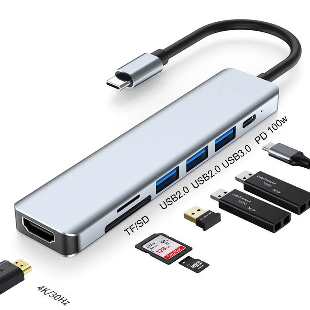 USB 3.0 7 в 1 4K HD MI 3 порта USB 3,1 TF SD кардридер PD Зарядное устройство Док-станция