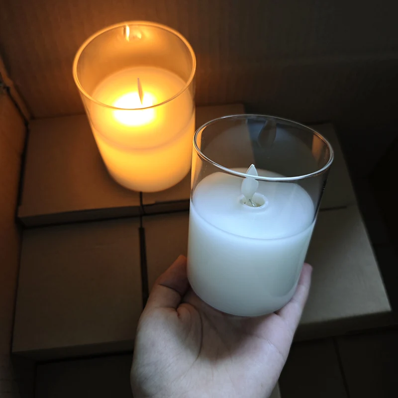 Battery Or Rechargeable Cylinder Flameless & Led Candles Pillar Candle In Glass Vase Jar Led Candle Light With Glass Holders