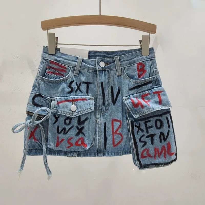 wholesale fashion asymmetrical blue cargo jean skirts high waist Graffiti short mini denim skirt women