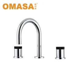 OMASA  triple hole deck mounted double handle Curved brass body washing basin hot cold faucet