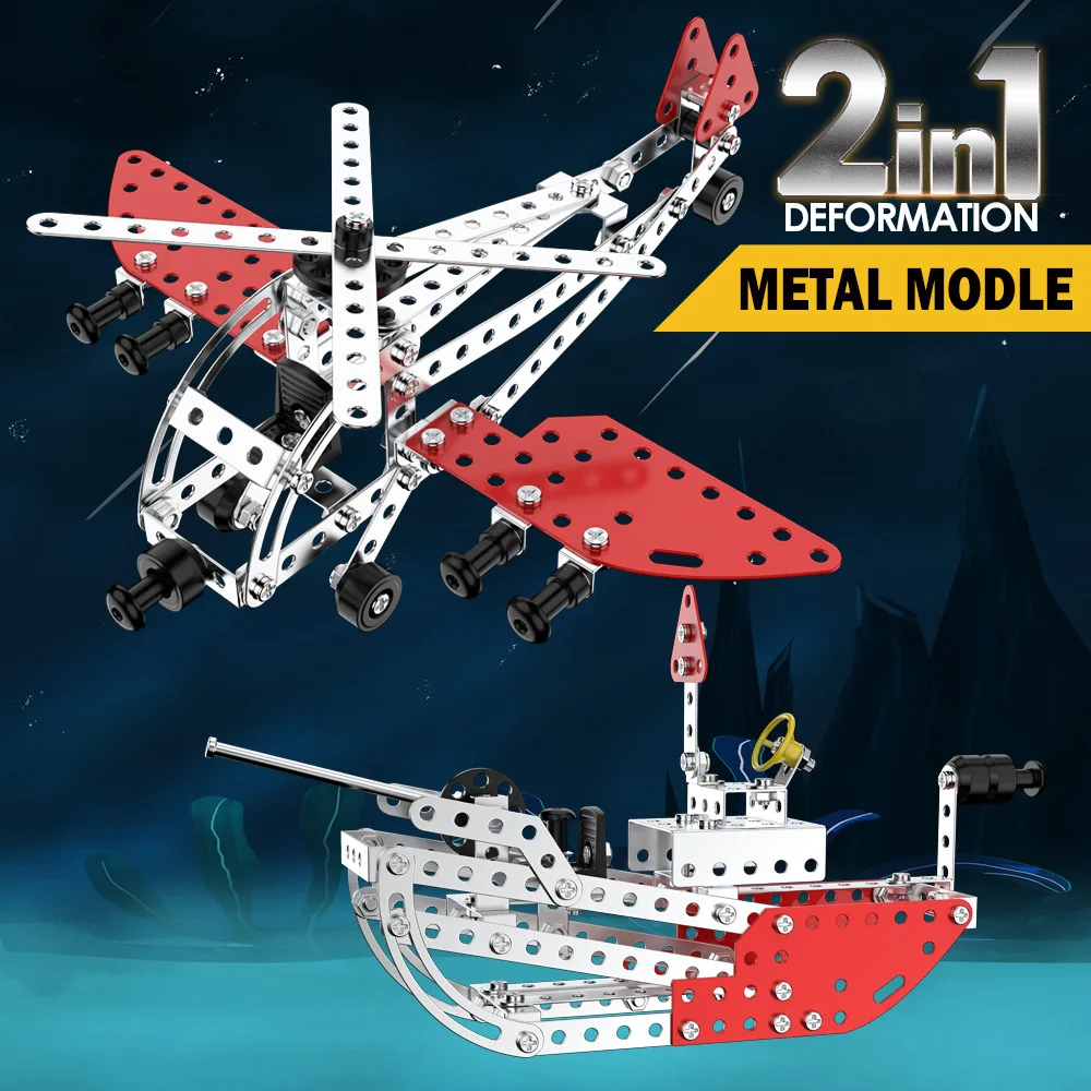 2 IN 1 Teenagers Students Teaching Aids Assembled Toy Helicopter Airplane Battleship DIY Metal Model Kits 3D Puzzles