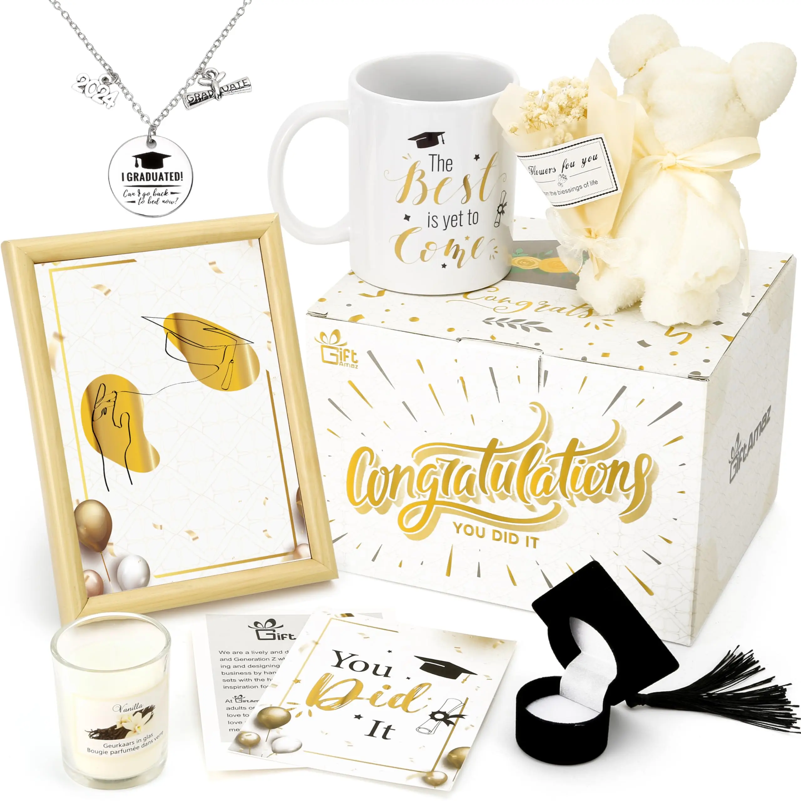 2024 Graduation Gifts Set for Women, Congrats Grad Gift Set Include Coffee Mug, Photo Frame, Necklace, Candle & Towel Bear