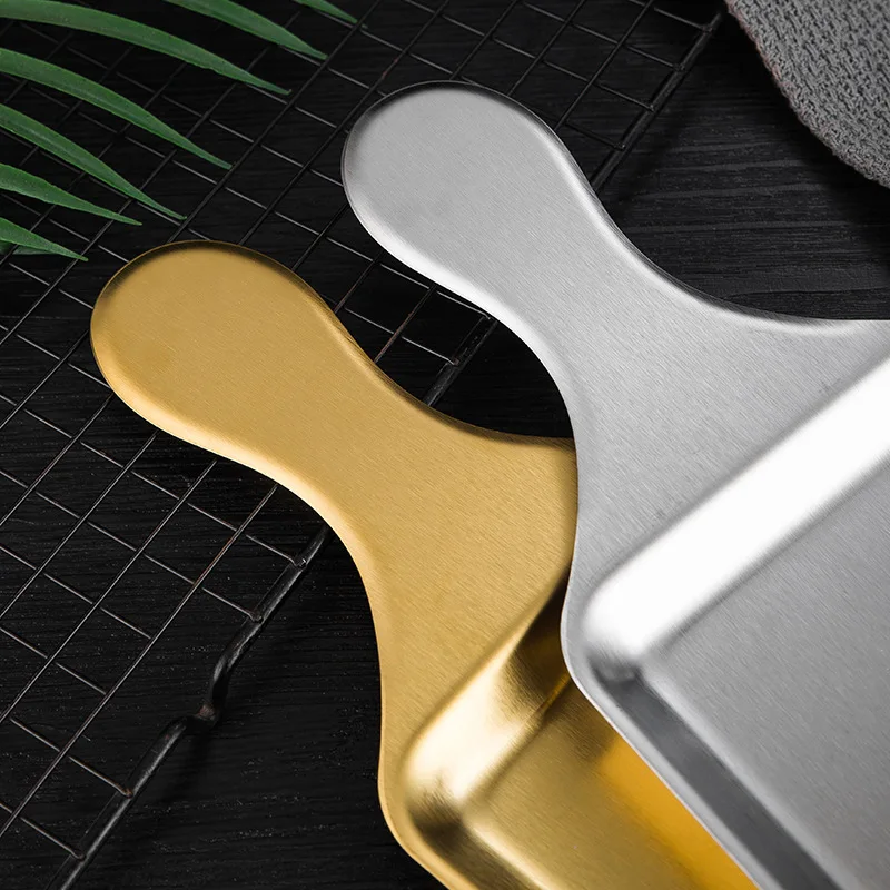 Korean Restaurant Kitchen Hotel Stainless Steel Serving Tray Gold Square Plate With Handle