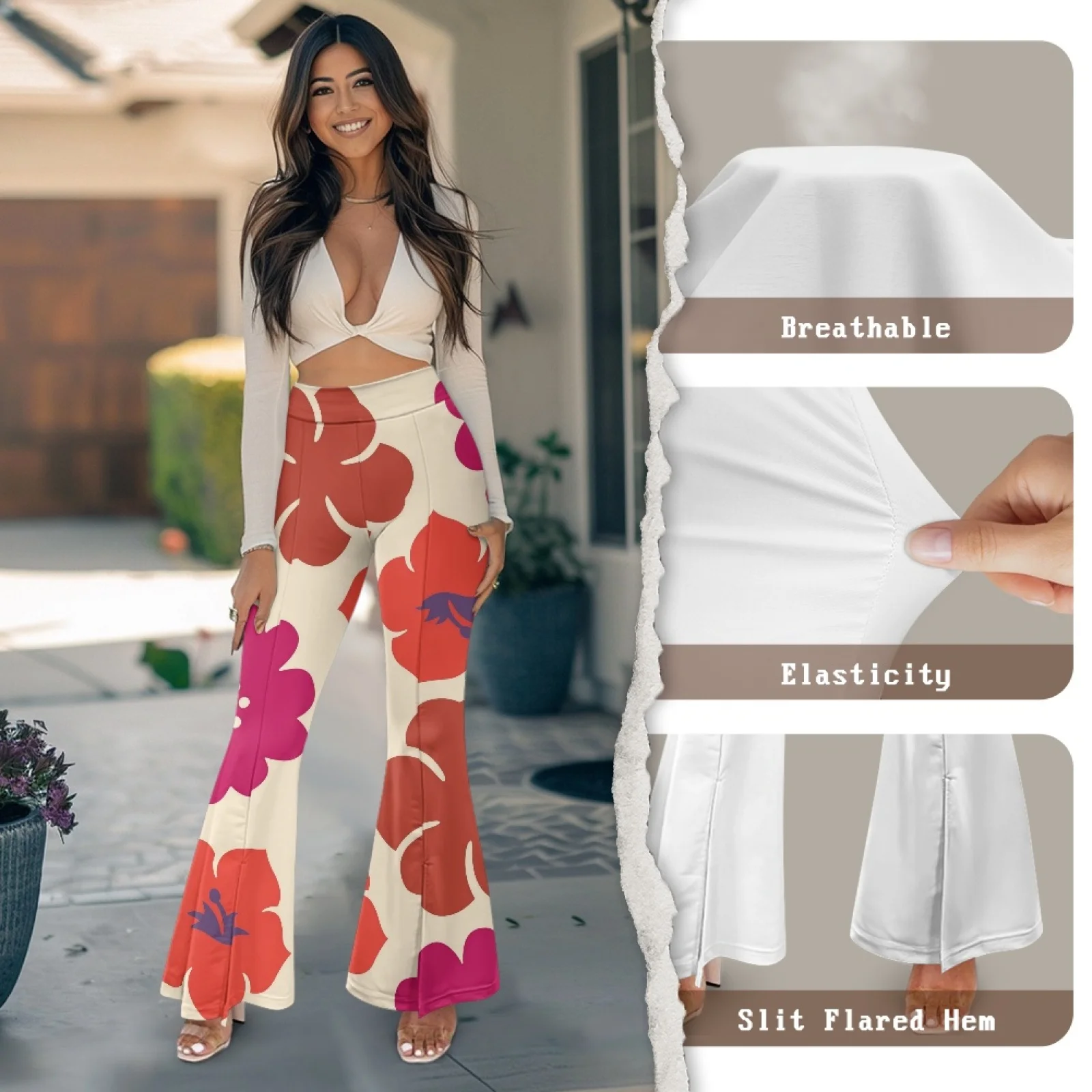 Sublimation Hibiscus Flowers High-waisted Flare Yoga Pants Leggings Loose Flare Pants Slit Yoga Leggings Casual Trousers Tights