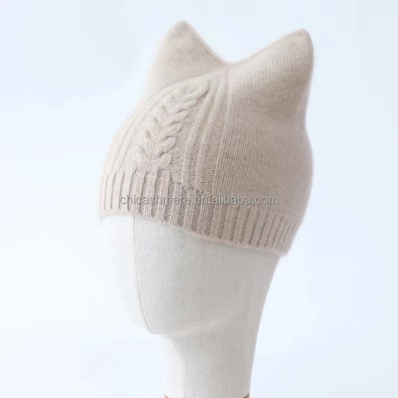 Прямая кашемировая фабрика, Женская Вязаная Шапка-бини с кошачьими ушками 3D для маленьких девочек из чистого кашемира, Шапка-бини из шерсти мериноса в рубчик
