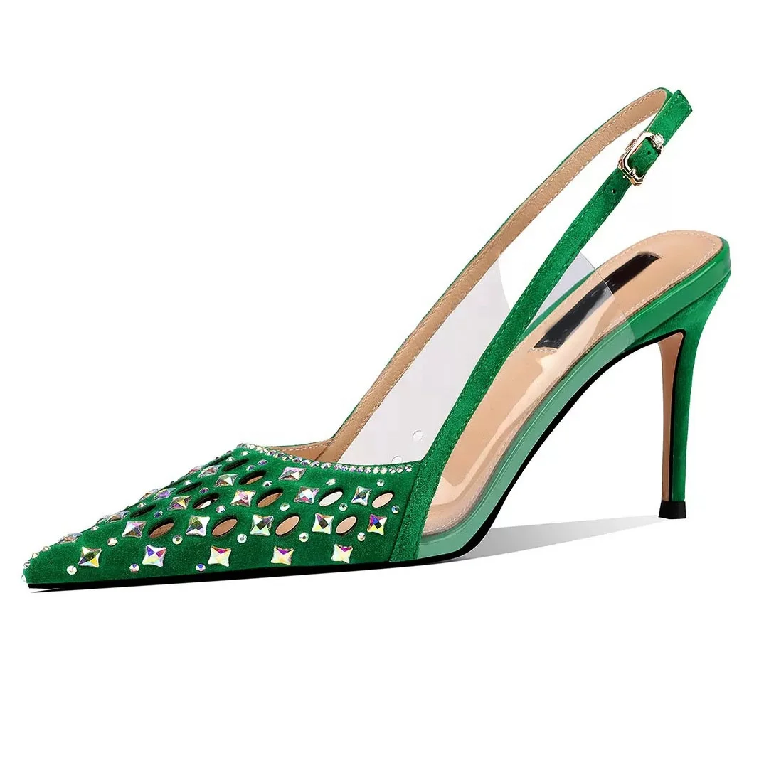 ENMAYER Shoes 2023 New Fashion Green Suede Slingback Pumps Wholesale Custom Heeled Sandals Dress Pumps