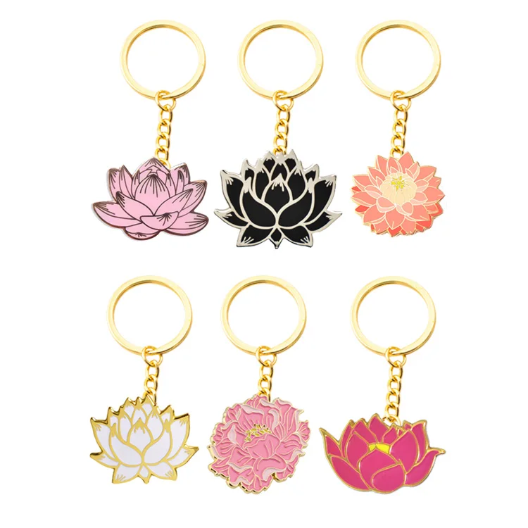 Wholesale Flower Lotus Keychain Peony Lily Lotus Daffodil Keychains Custom LOGO Cherry Blossoms Enamel Keyring Key Llavero Key