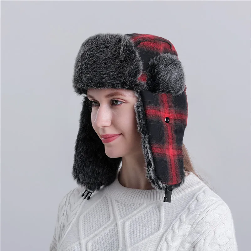 FF872 Plaid Ear Flap Ski Hunting Cap Russian Trooper Ushanka Eskimo Bomber Hat Checked Winter Trapper Hat for Men Women