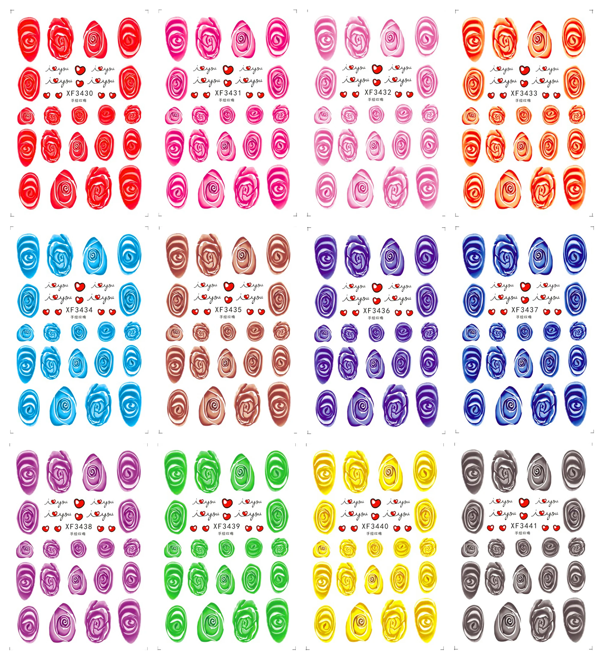 12 Types Hand Painted Rose Series Nail Stickers Designs Gummed Flower Nail Art Stickers Decals Art Decorations With Back Glue