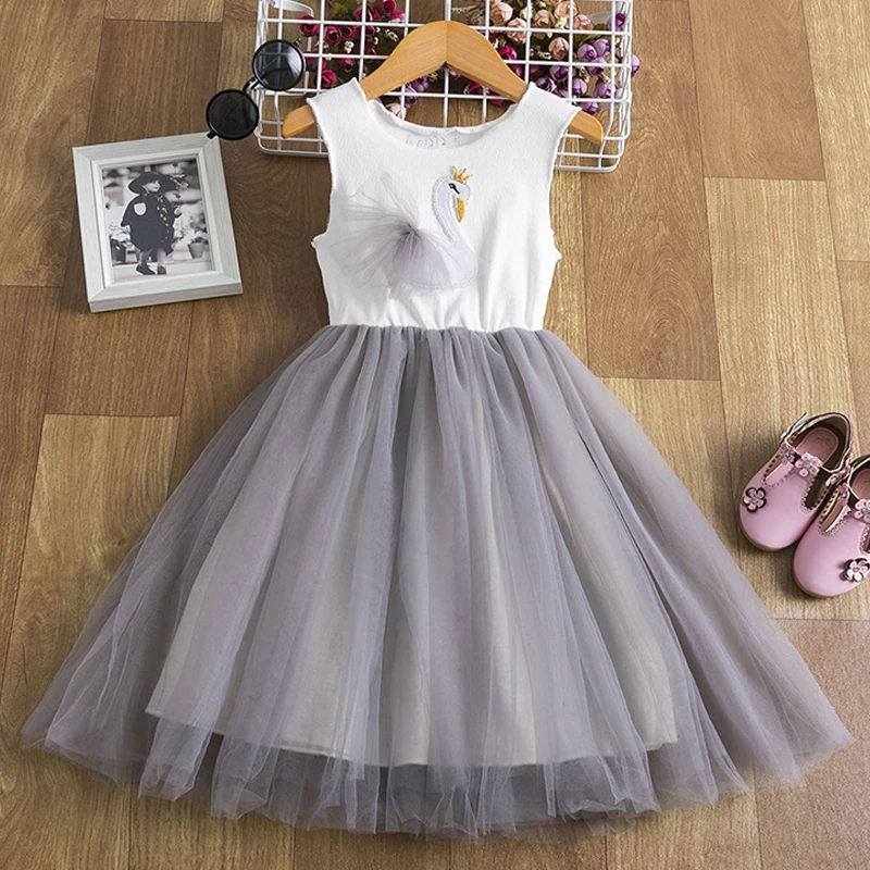 Summer New Round Neck Sundress Dress Girls White Swan Mesh Princess Skirt Korean Style A-line Fairy
