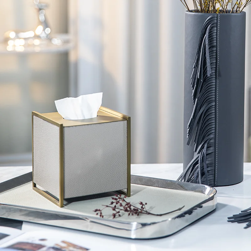 luxury red horsehair tissue box leather high-grade metal paper box coffee table napkin box hotel decoration leather tissue b0x